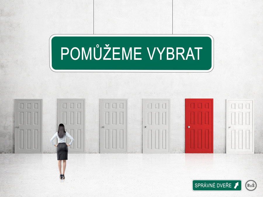 Úvodní obrázek pro "Pomůžeme vybrat správné dveře" - paní stojící před mnoha dveřmi neví, jakými se vydat - nahoře a dole jsou 2 cedule s textem "Pomůžeme vybrat" a "Správné dveře", Zdroj: shutterstock.com