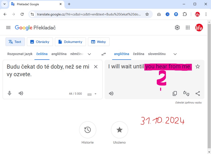 Překlad od Google Translator (Google překladač) kde je jasně patrné, že úmyslně dělá chyby v zájmenech